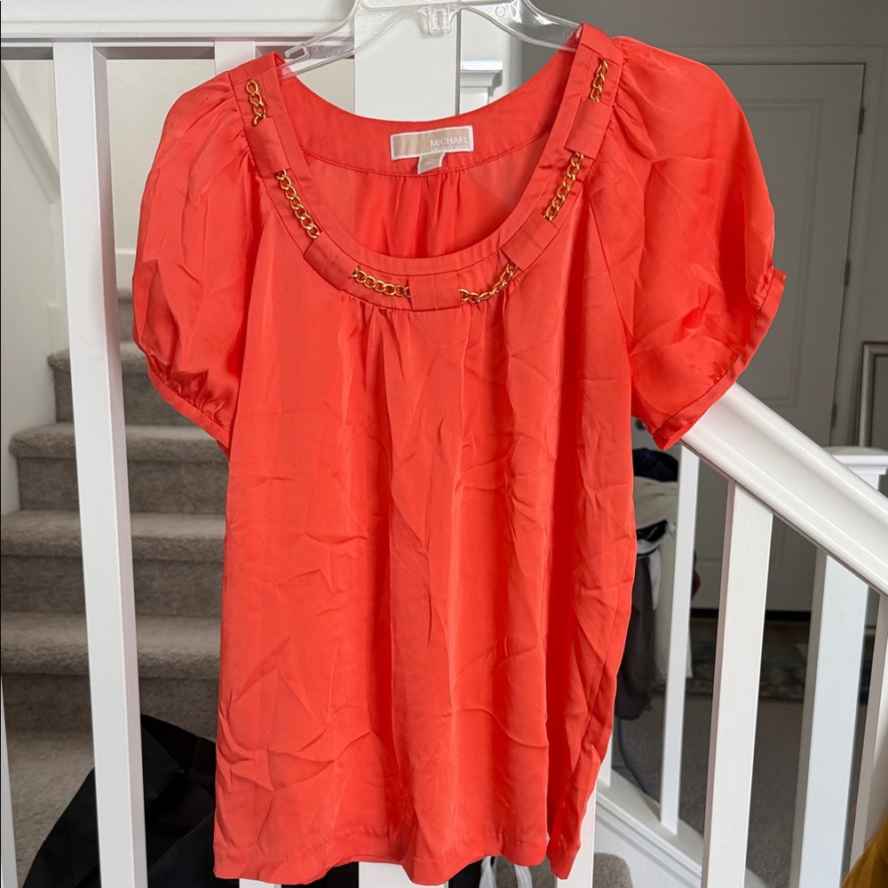 Michael Kors Coral Short Sleeve Blouse with Gold Chain Trim